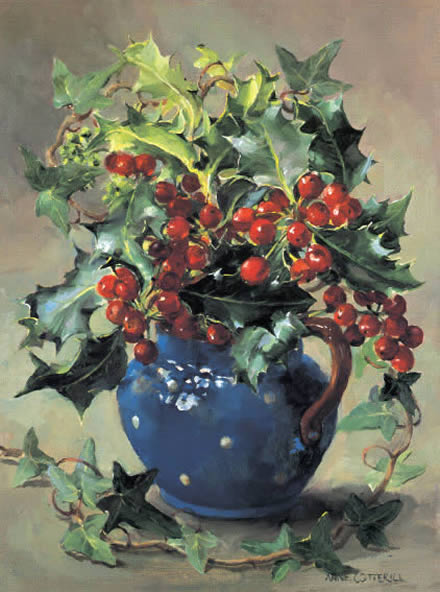 Fine art blank or Christmas card depicting holly and ivy in a blue spotted china jug by Anne Cotterill