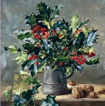 Blank or Christmas card depicting holy with ivy and nuts from the oil painting by Anne Cotterill