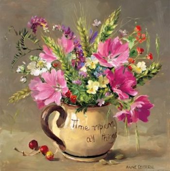 Blank or birthday card of Musk Mallows and Harvest Time Flowers in a Torquay Jug by Anne Cotterill