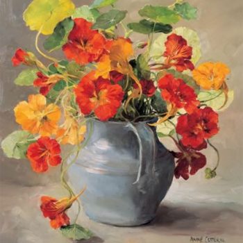 Blank or birthday card depicting nasturtiums in a blue jug from the oil painting by Anne Cotterill