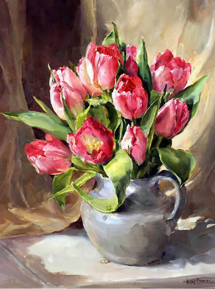 Greetings card with pink tulips by Anne Cotterill