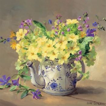 Blank or birthday card depicting primroses with periwinkles in a blue and white china teapot from the oil painting by Anne Cotterill