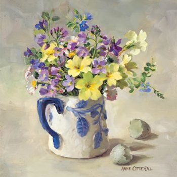Primroses with hatched egg. Blank greetings card by Anne Cotterill. D-0023