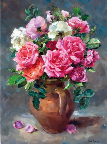 Roses in a Stoneware Jug. Greetings card by Anne Cotterill.