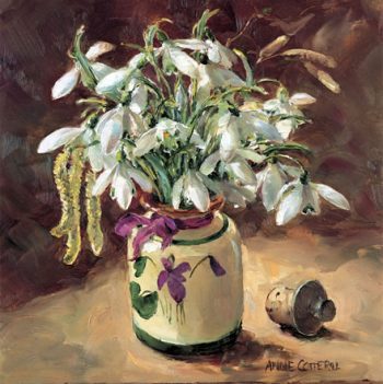 Snowdrops in a scent bottle. Blank greetings card by Anne Cotterill. D-0026