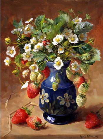 Strawberry flowers and strawberries in a vase.