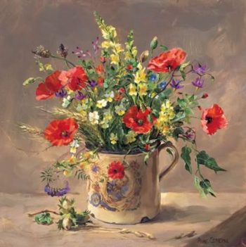 Blank or birthday card depicting poppies and heartsease in the royal coronation mug by Anne Cotterill
