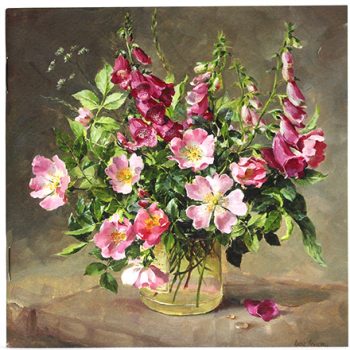 Blank notebook depicting foxgloves and wild roses in a jam jar from the oil painting by Anne Cotterill