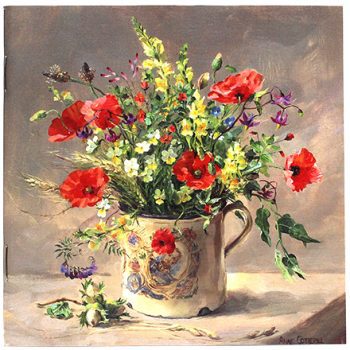 Blank notebook depicting poppies and heartsease in the royal coronation mug from the painting by Anne Cotterill