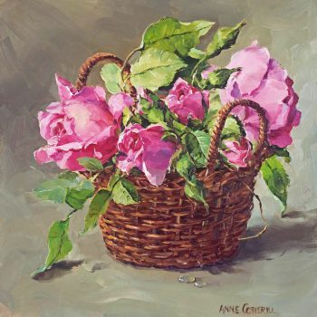 Blank card D-0045 of little basket of prink roses and buds by Anne Cotterill
